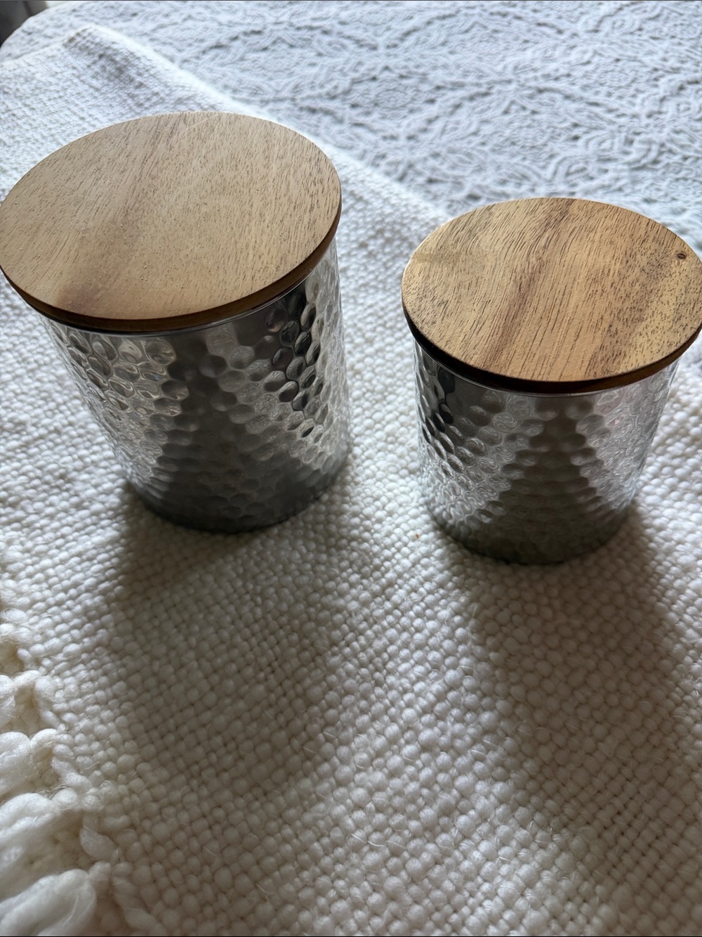 Uncommon James Hammered Stainless Canister Set w/ Wood Lids